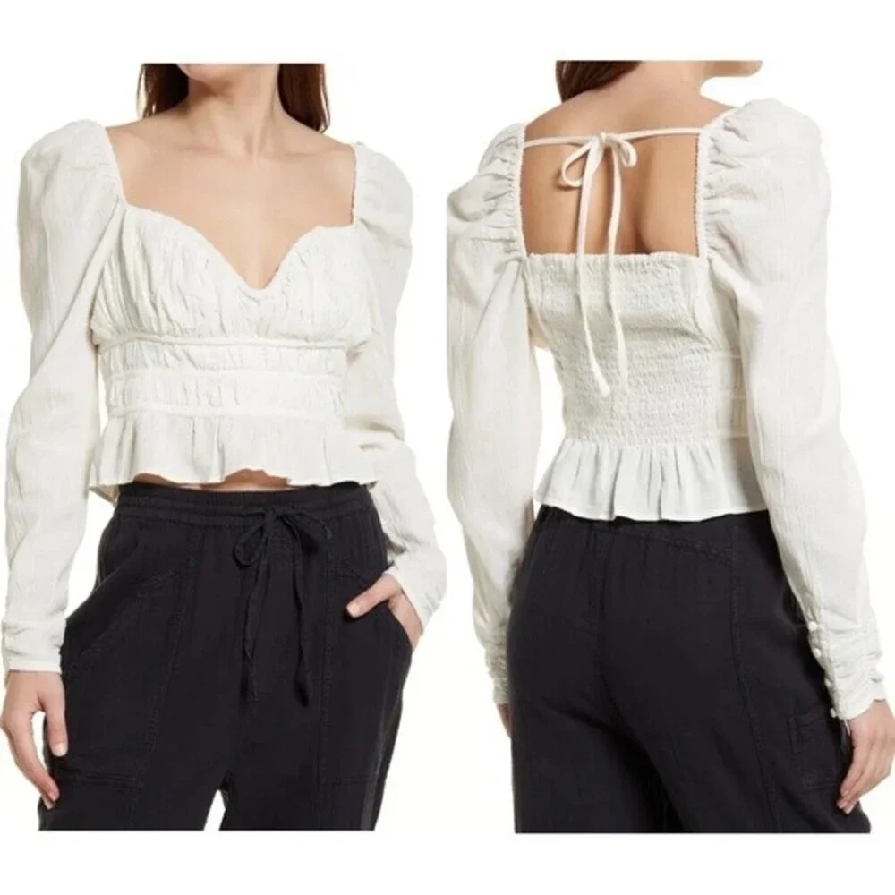 FREE PEOPLE Chloe Top XS White Puff Sleeves Smocked Cottagecore Boho Coquette